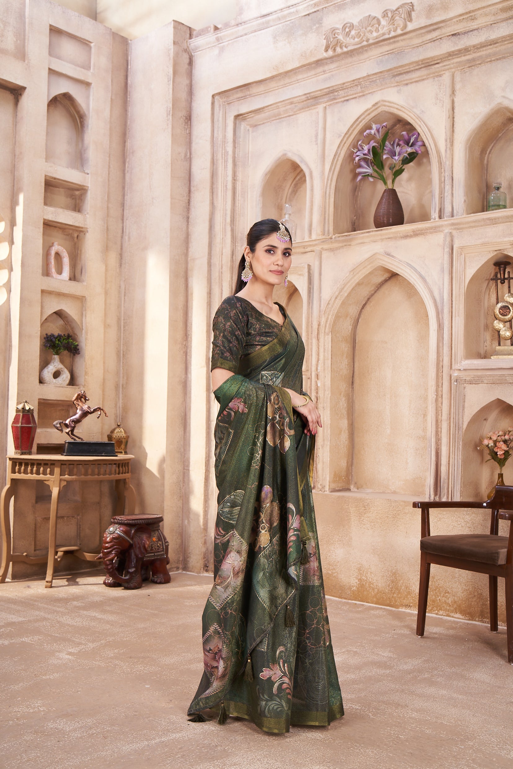 Green Pure Silk Foil Outline Work DigitalPrint Saree